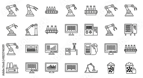 A collection of line art icons depicting automated industrial processes, including robotic arms, conveyor belts with bottles, computer screens displaying data, and recycling bins.