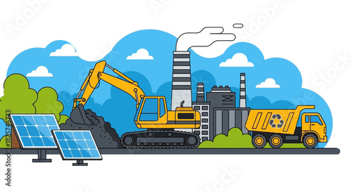 Illustration showing an excavator loading coal into a dump truck, with solar panels in the foreground and a factory emitting smoke in the background.