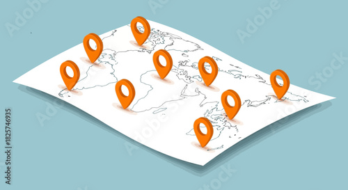 World map illustration with orange location pin markers indicating different geographic points on the continents.