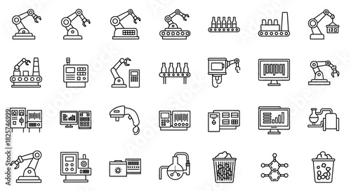 A collection of line art icons depicting automated industrial processes, including robotic arms, conveyor belts, machinery, and data analysis displays.