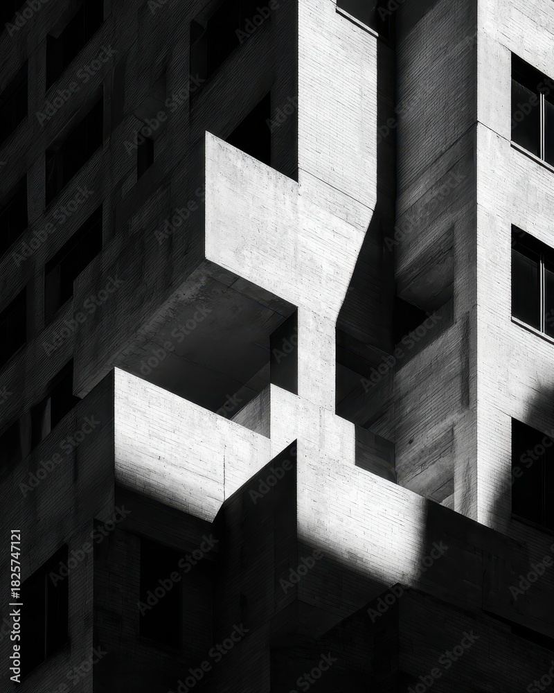 Fototapeta premium Stark Concrete Architecture - Geometric Shadows and Light on Modern Building Facade.