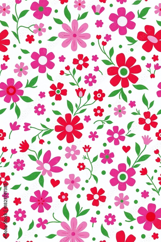 Fototapeta premium Vibrant pink and red floral pattern on white background
