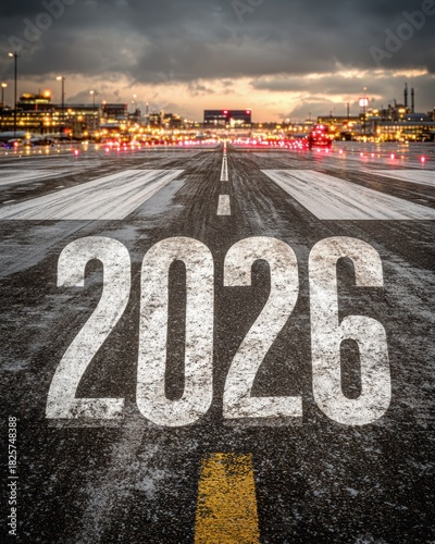 New Year Eve Travel 2026, illuminated airport runway with bold 2026 text and twilight lights, symbolizing global departure, reflective momentum, and powerful year-end countdown into future journeys
