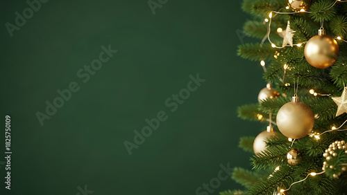 A festive Christmas-themed background with a solid deep forest-green backdrop. On the left side, a beautifully decorated Christmas tree with gold ornaments. Suit for graphic design.