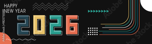 Modern geometric abstract Happy New Year 2026 cover design in retro style greeting card banner