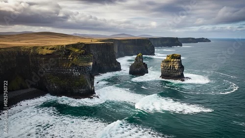 Dramatic Cliffs of Moher Ireland Dramatic Ocean Waves Crashing Against Rugged Coastline.
