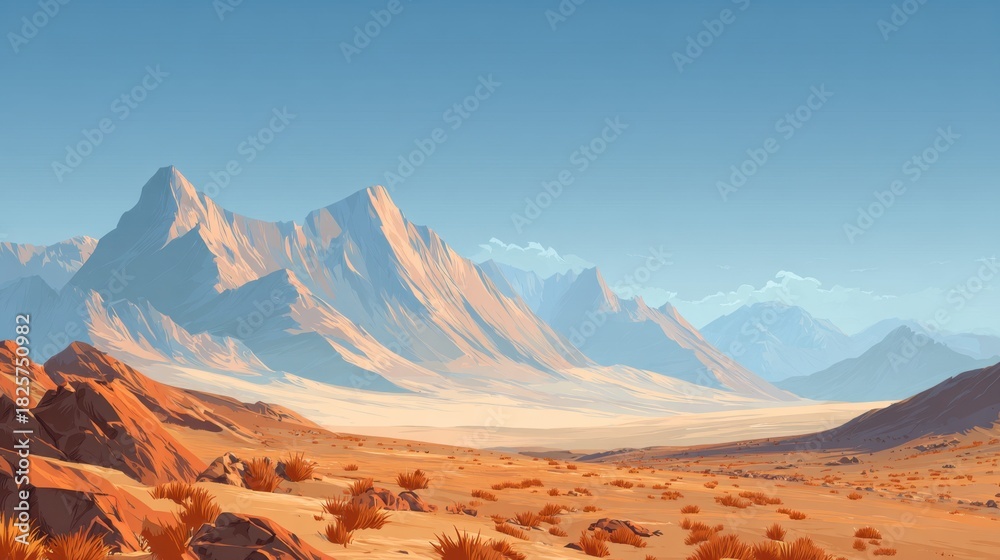 Naklejka premium A peaceful desert scene showcases towering mountains in the background under a bright blue sky. Sparse vegetation dots the sandy terrain reflecting midday sunlight.