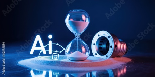 Glowing artificial intelligence abbreviation sits beside an hourglass and mechanical component on a reflective surface