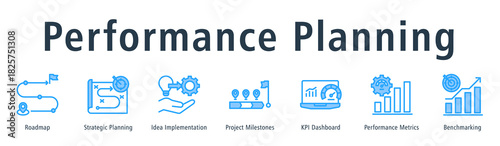 Performance Planning web banner icon vector illustration concept with icon of roadmap, idea implementation, project milestones, KPI dashboard, performance metrics, benchmarking, and planning.