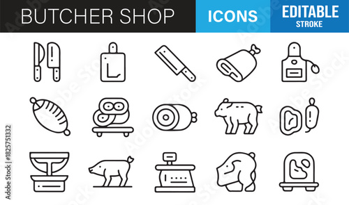 Editable stroke meat shop symbols for packaging and menu graphics