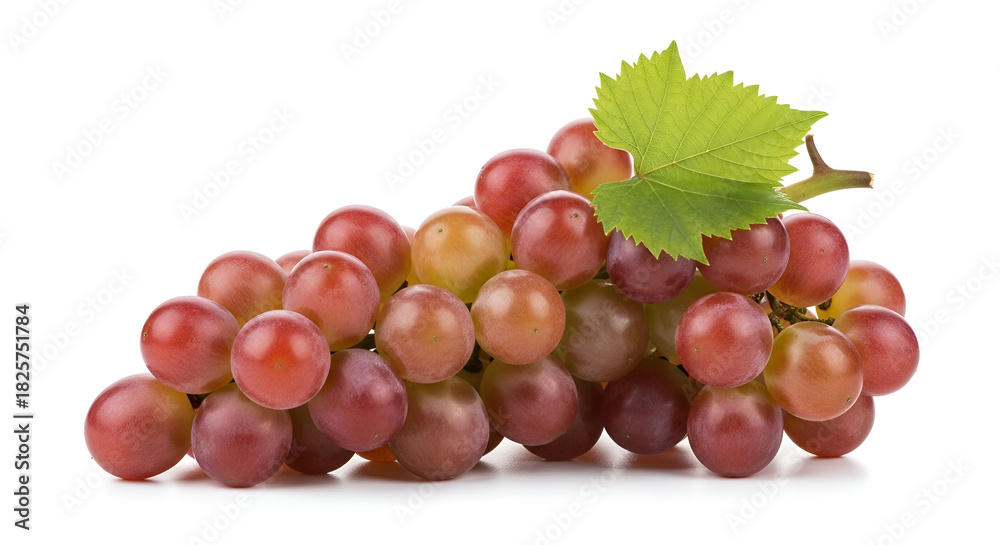 Fototapeta premium Bunch of Red Grapes with Green Leaf on White Background