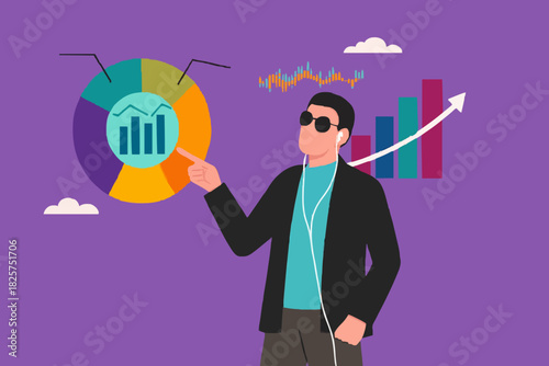 analyze financial data using virtual reality and augmented reality technology, businessman analyzes company marketing and investment chart using mixed reality headset concept vector illustration
