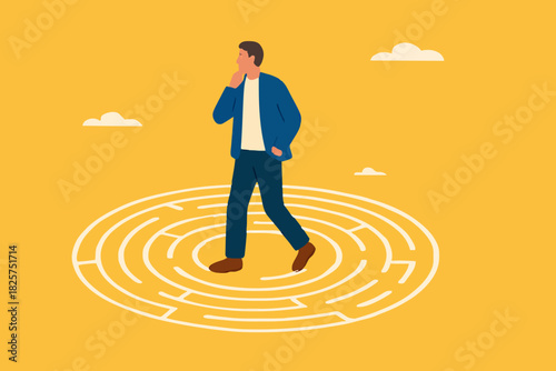 businessman standing in the middle of the maze thinking looking for a way out, problem solving concept, business people with maze puzzle, looking for solution or innovation in solving business problem