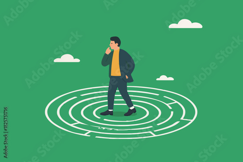 businessman standing in the middle of the maze thinking looking for a way out, problem solving concept, business people with maze puzzle, looking for solution or innovation in solving business problem