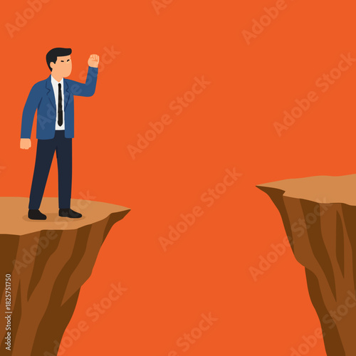 creative problem solving at work illustration with the concept of a businessman who is looking for a way to cross the gap between two cliffs, challenge at work concept