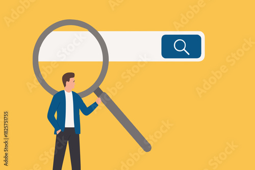 search new job or information, find career opportunity, businessman directs big magnifying glass on search bar