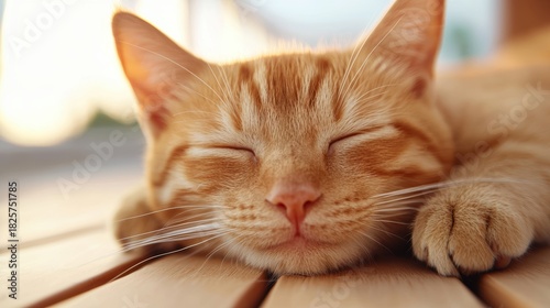 A sleepy orange cat with closed eyes and a pink nose rests on a wooden surface.