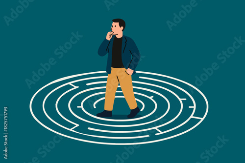businessman standing in the middle of the maze thinking looking for a way out, problem solving concept, business people with maze puzzle, looking for solution or innovation in solving business problem