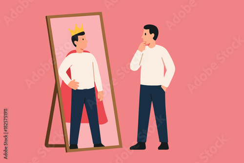 Illustration of a businessman looking in the mirror with the image of himself being a king suitable for describing leadership, confident, know yourself flat design vector illustration
