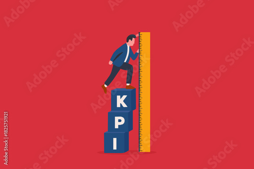 KPI, key performance indicator measurement to evaluate business success illustration with concept of businessman who is measuring a stack of KPI boxes to measure business performance illustration