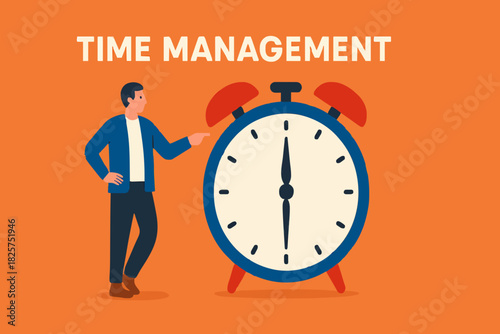 time for a break illustration with concept of businessman is resting while drinking coffee and leaning on a big clock, coffee break time to relax and refresh from long stress concept illustration