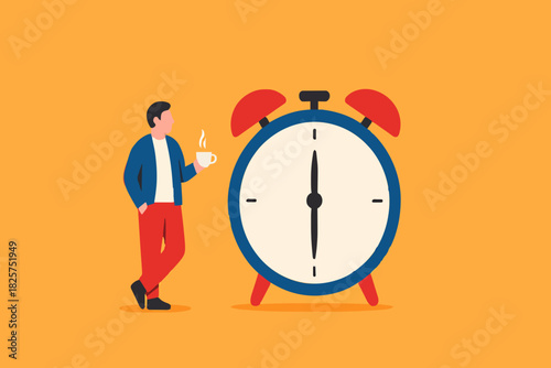 time for a break illustration with concept of businessman is resting while drinking coffee and leaning on a big clock, coffee break time to relax and refresh from long stress concept illustration