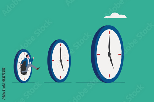 time management skills, successful time management as inspiration for the next time management, increasing expertise over time, businessman jumps through the small clock to the big one
