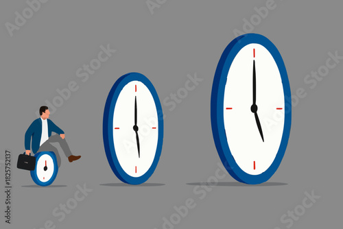 time management skills, successful time management as inspiration for the next time management, increasing expertise over time, businessman jumps through the small clock to the big one