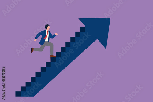business growth with career path development, investment earning rising up as a path to career success, Improvement or career growth, businessman climbing stairs on rising arrow graph