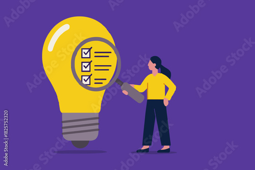 researching business ideas, market research for business idea success, Business idea viability checking, businessman with magnifier analyze business light bulb idea concept vector illustration