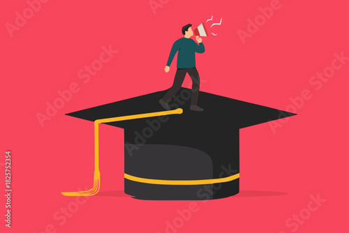 graduation announcement, people use megaphones to announce graduation on graduation cap concept vector illustration