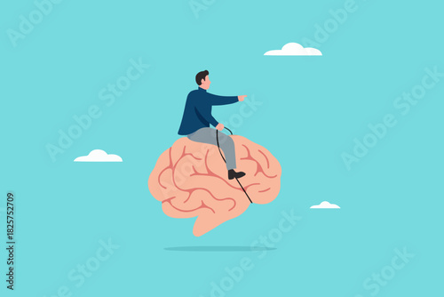 recognize thoughts or emotions, creativity or emotional intelligence, Critical thinking in dealing with various situations, growth mindset concept, businessman riding the human brain control the mind
