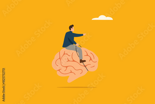 recognize thoughts or emotions, creativity or emotional intelligence, Critical thinking in dealing with various situations, growth mindset concept, businessman riding the human brain control the mind
