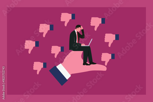 poor work performance illustration with the concept of businessman surrounded by people giving thumbs down, cheerful young man is surrounded by hands with thumbs down, negative opinion concept design
