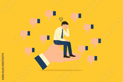 poor work performance illustration with the concept of businessman surrounded by people giving thumbs down, cheerful young man is surrounded by hands with thumbs down, negative opinion concept design