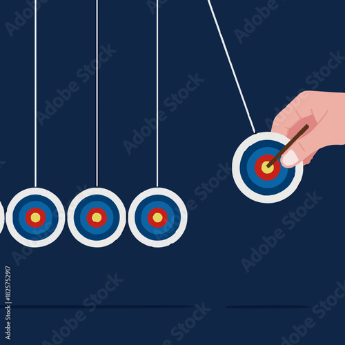 business target achievement as a milestone to achieve the next target, businessman pulling target board with bullseye arrow as e pendulum for milestone the next target