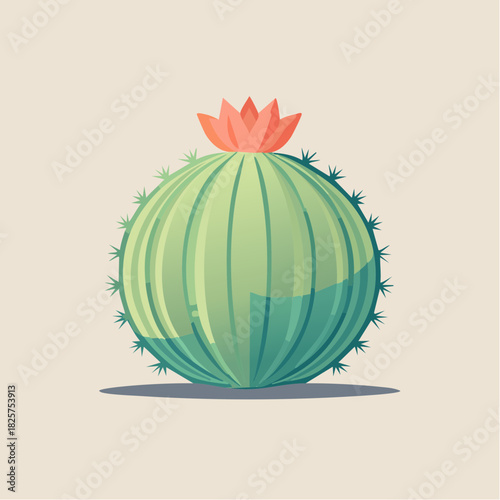 Green Barrel Cactus With Pink Flower Top Against Soft Beige Background