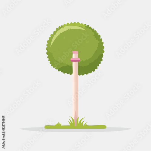 A Single Green Spherical Tree with a Pink Collar and a Light Brown Trunk Stands on a Patch of Grass Against a Plain White Background