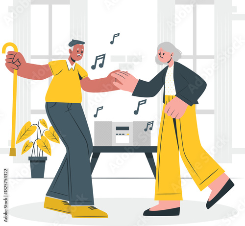 Elderly couple dancing happily to music at home