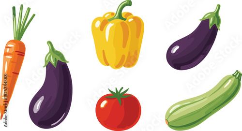 Colorful hand-drawn vegetable illustration set featuring carrot, eggplant, yellow bell pepper, tomato and zucchini in clean modern artistic style