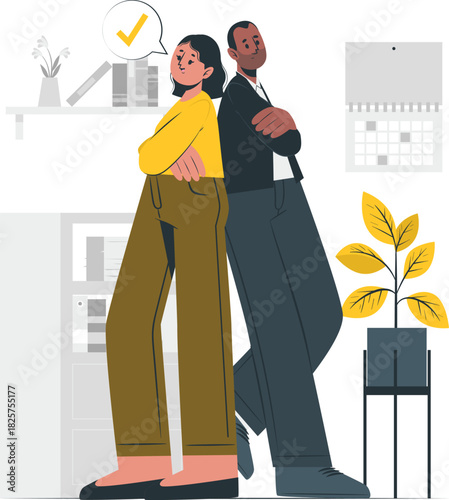 Man and woman stand back to back, showing agreement or resolution