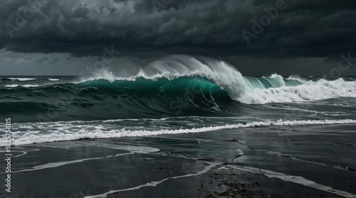 Fototapeta Naklejka Na Ścianę i Meble -  Powerful ocean wave crashing under dark stormy clouds