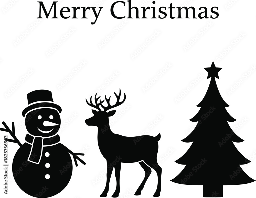 Fototapeta premium Merry Christmas with Snowman, Reindeer, and Christmas Tree Silhouettes