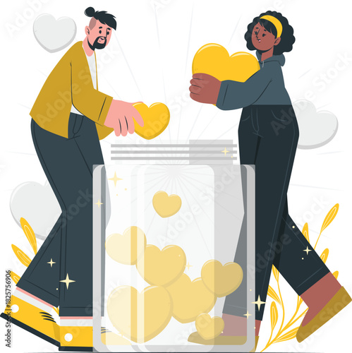 People donating hearts to a jar for charity, white