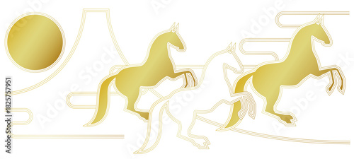 2026年午年の正月年賀状のデザイン　金の馬のイラスト　ベクター