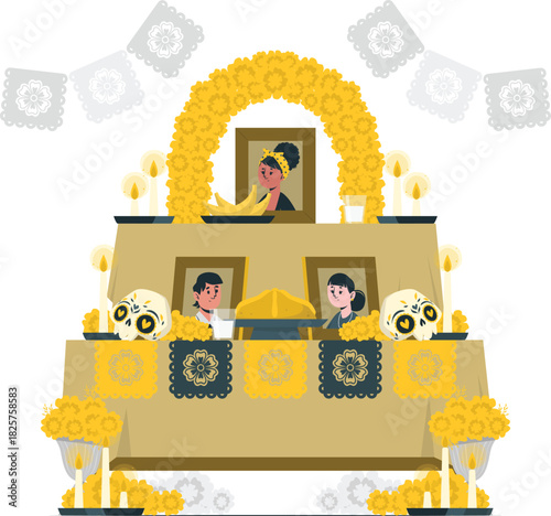 Da de muertos altar with offerings