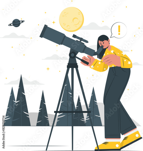 Woman stargazing with a telescope, observing moon and planet