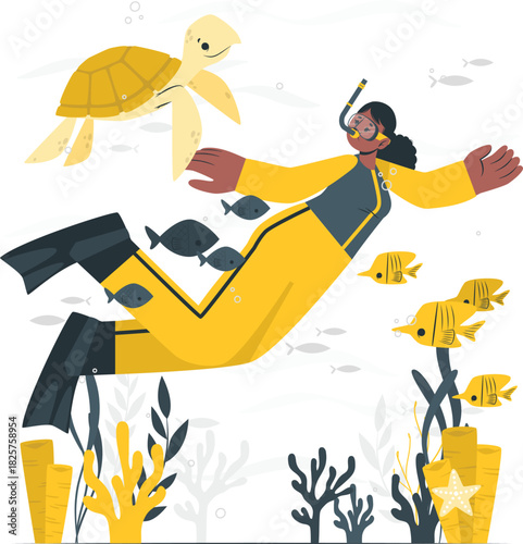 Person snorkeling with sea turtle and fish