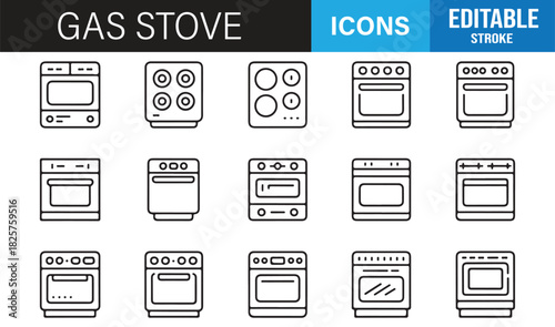 Stylish Minimal Icons for Kitchen Appliances Showing Gas Burners, Stoves, Cooktops, Ovens, and Heating Tools