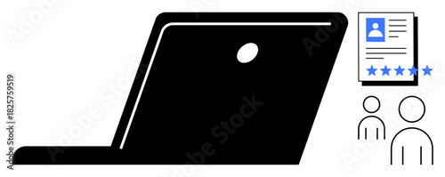 Laptop silhouette alongside user profile document displaying rating stars and two user icons. Ideal for hiring, recruitment, HR tools, online profiles, tech concepts, digital reviews, and team